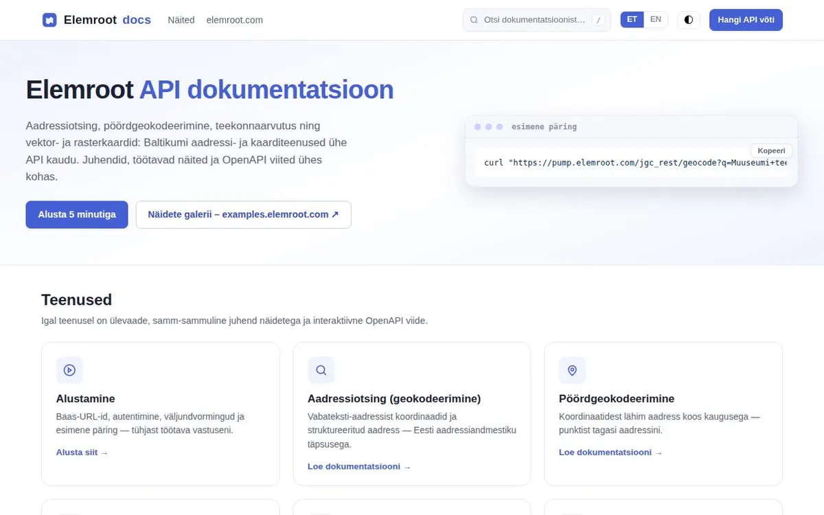 API dokumentatsiooni avaleht: teenuste ülevaade ja näidispäring