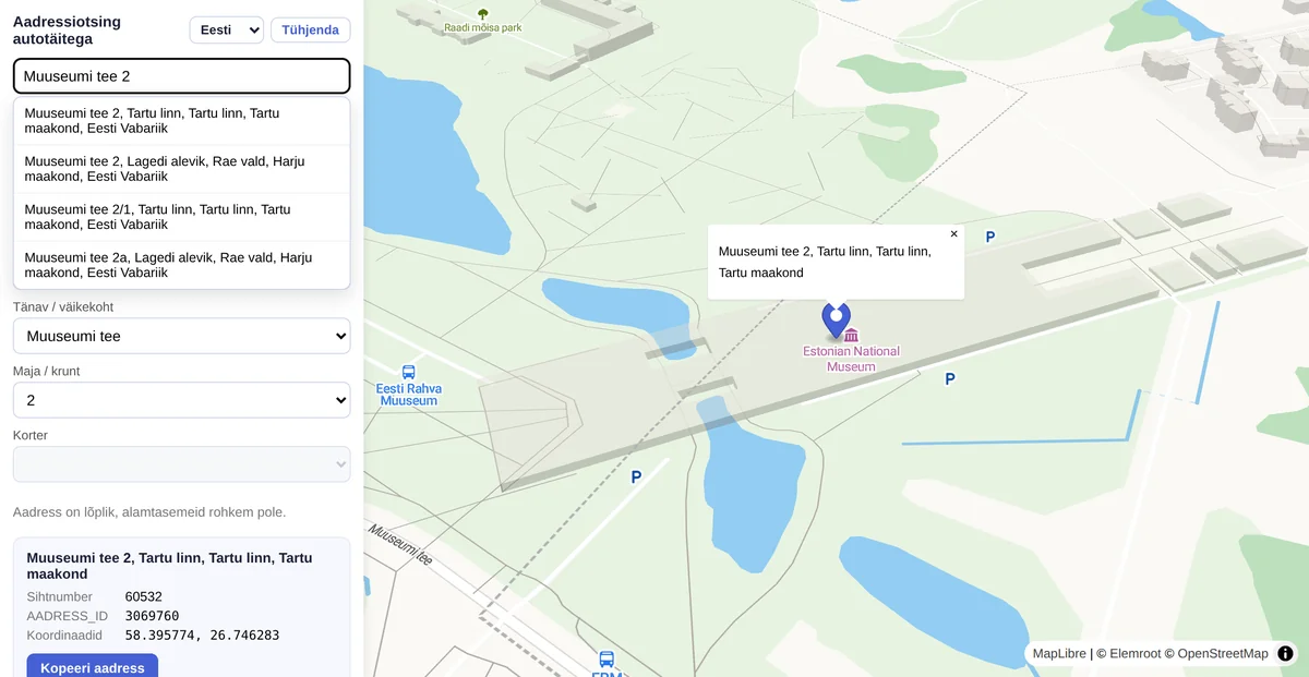 Aadressiotsing autotäitega: Muuseumi tee 2 pakkumised, aadressi andmed ja asukoht 3D-kaardil