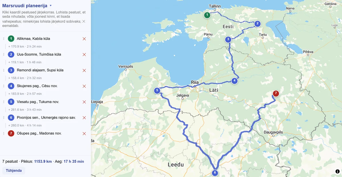 Marsruudi planeerija: seitse peatust Eestis, Lätis ja Leedus, kokku 1 153,9 km ja 17 h 35 min